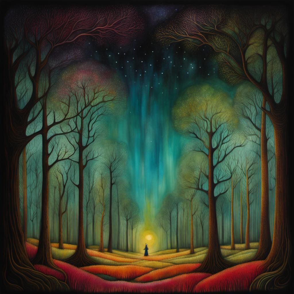 Encaustic Spring Forest in Art Brut Style