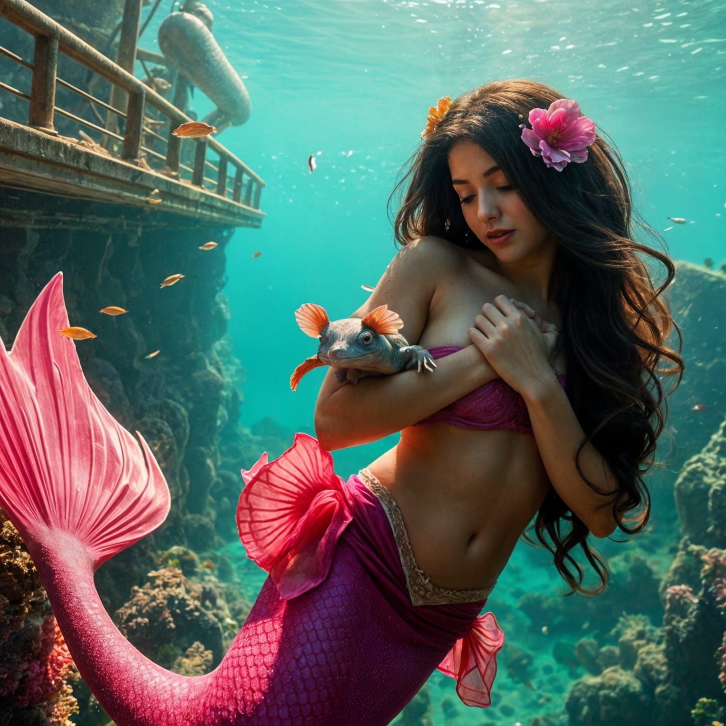 Mystical Mermaid Hugs Axolotl in Mexican Lake Depths