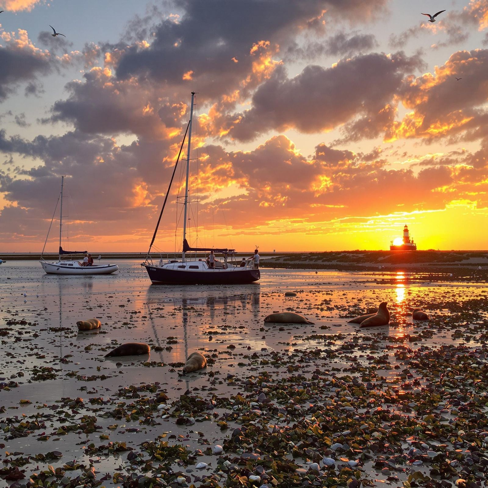 Sunset Over Wadden Sea: Seals, Boats, and Serenity