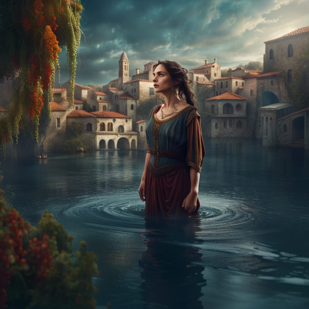 Greek Woman in Vine-Covered Medieval City