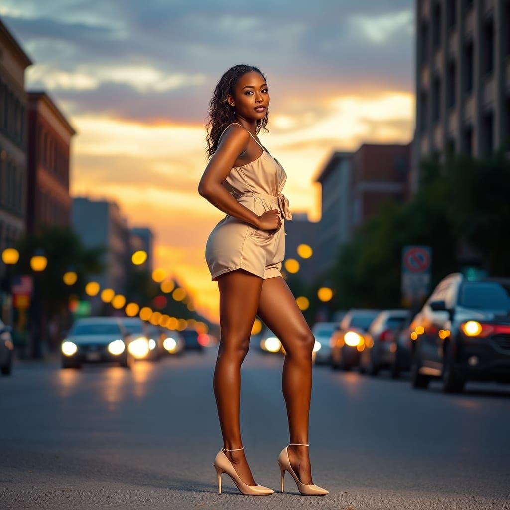 Young Black Woman in Romper on City Street at Sunset