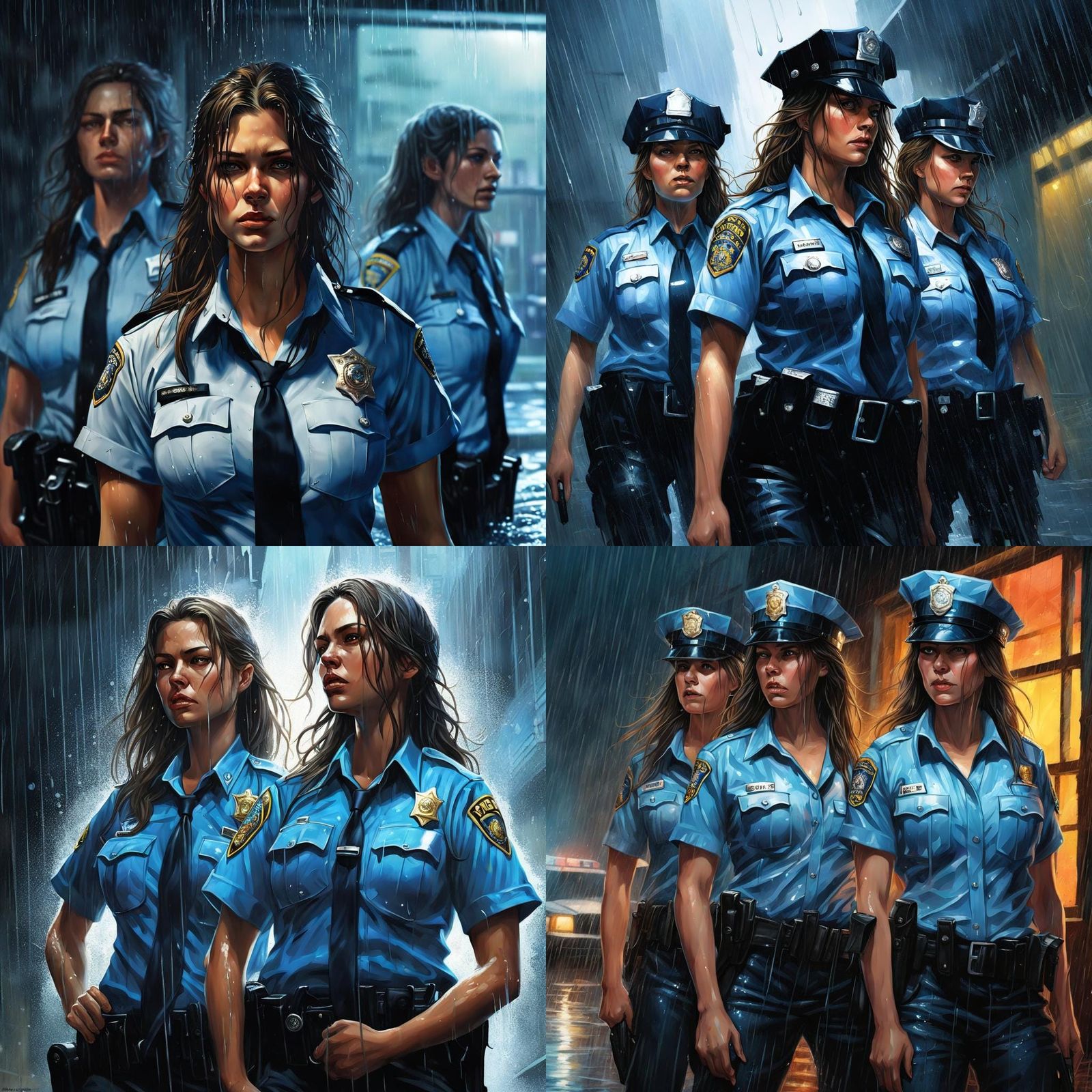 Rain-Soaked Policewomen in Hyperrealistic Splash Art