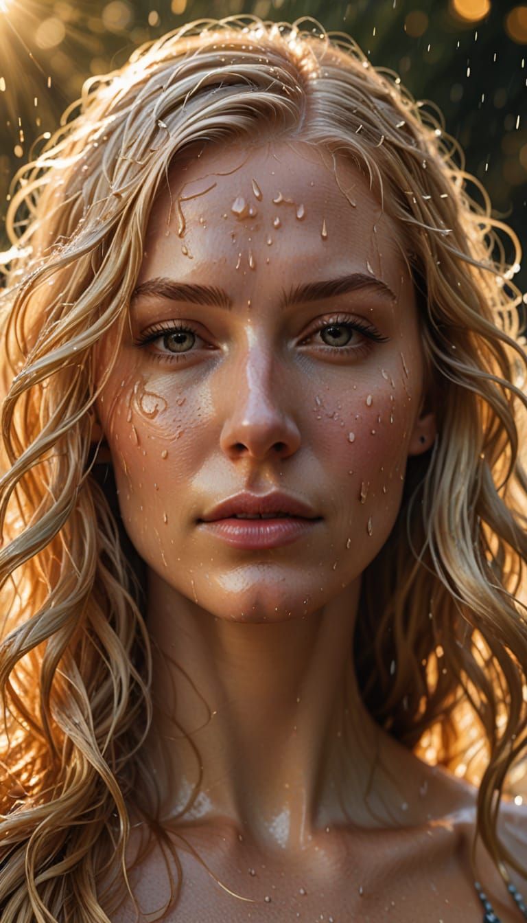 Vibrant Water-Drenched Portrait of a Young Blonde Woman