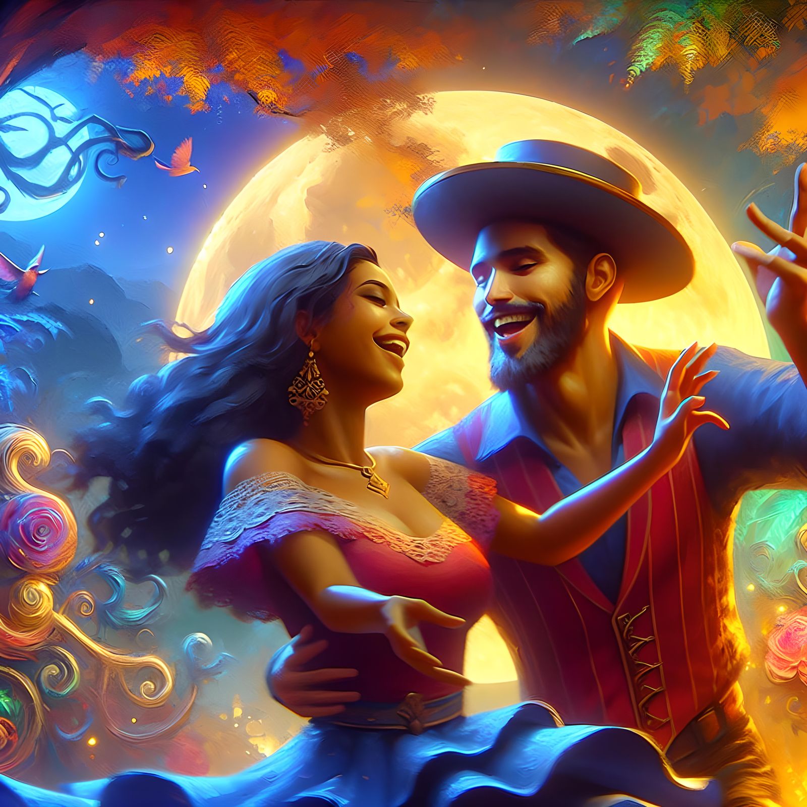 Moonlit Dance: A Matte Painting of Joy