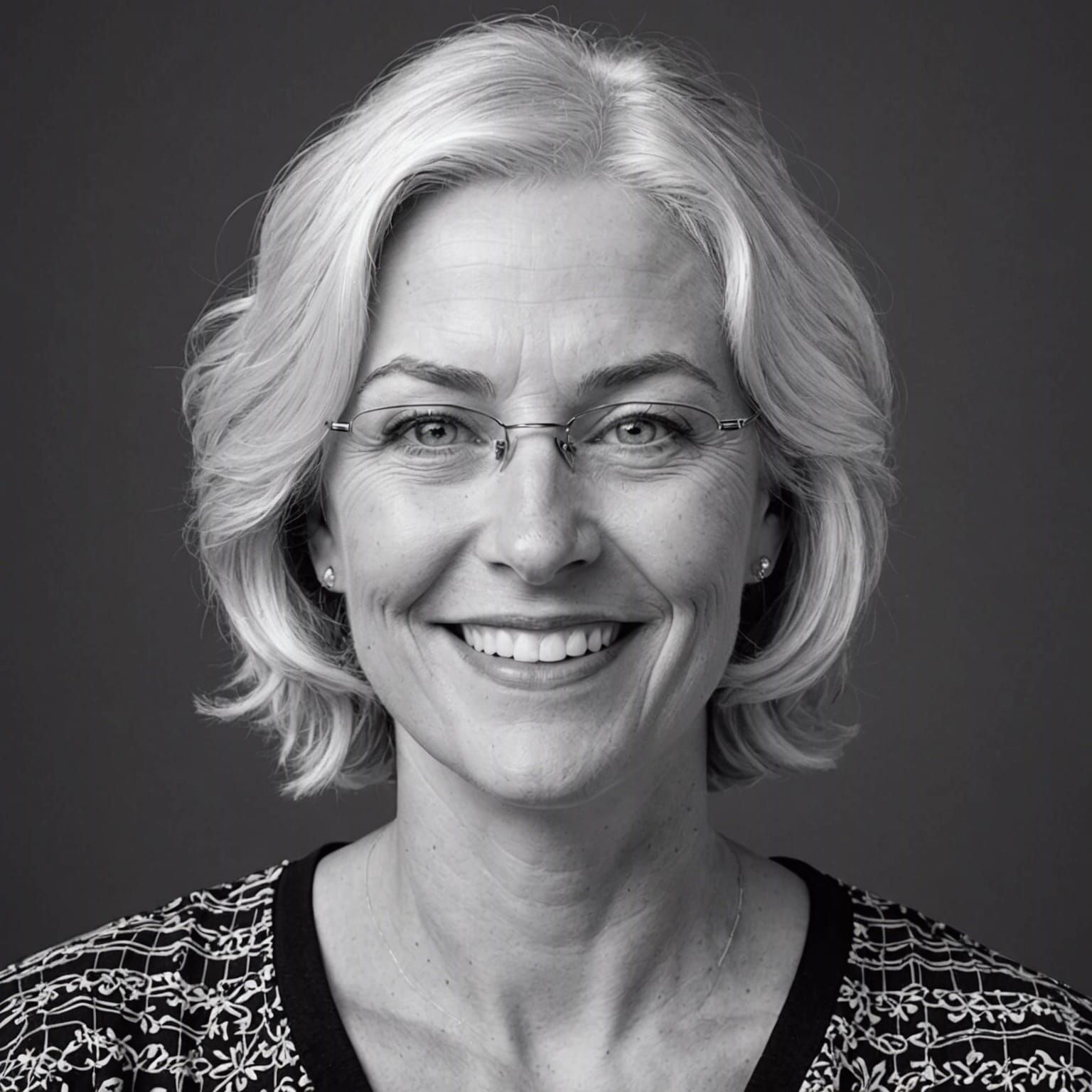 Detailed Black and White Portrait of a Smiling Woman