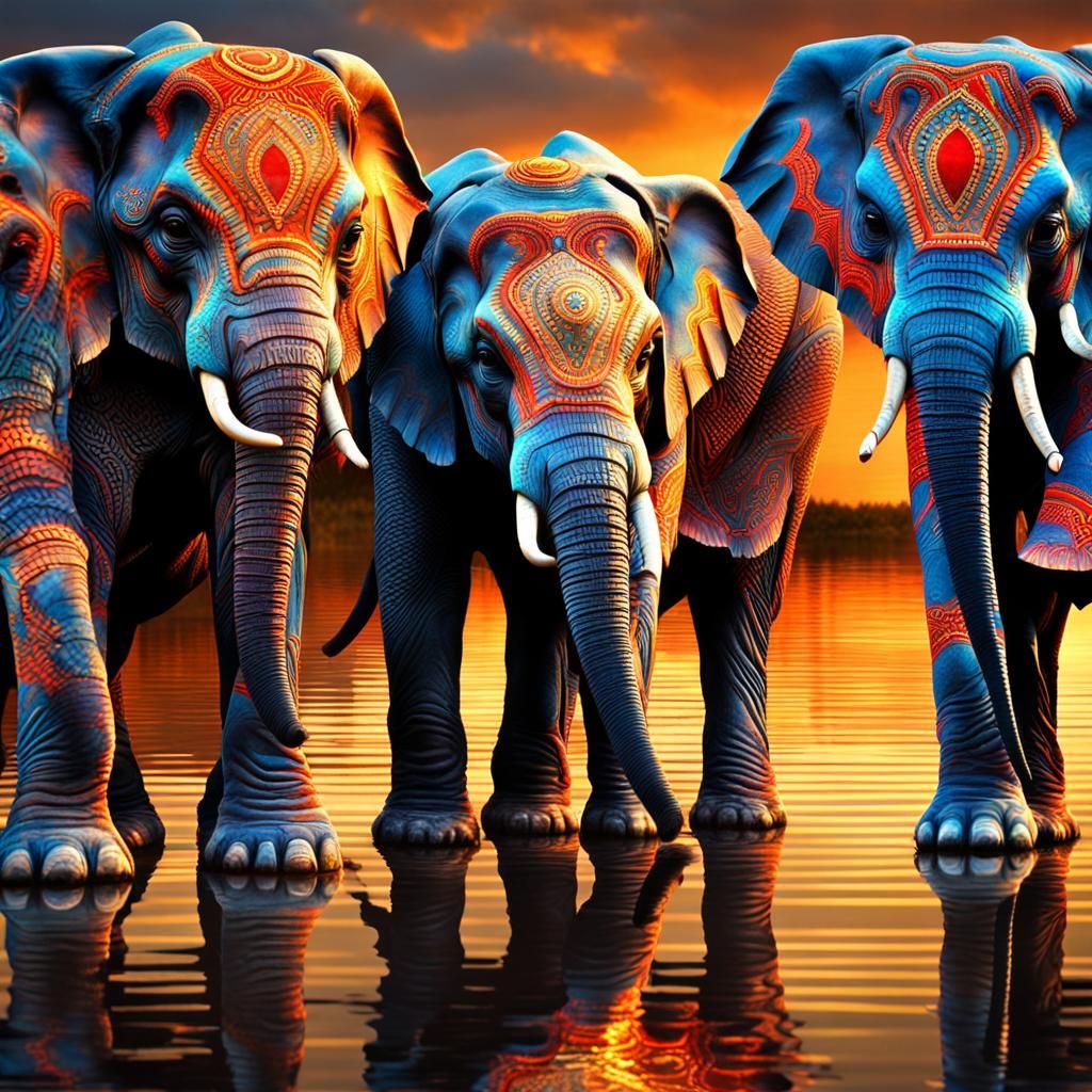 Decorated Elephants at Sunset with Reflections