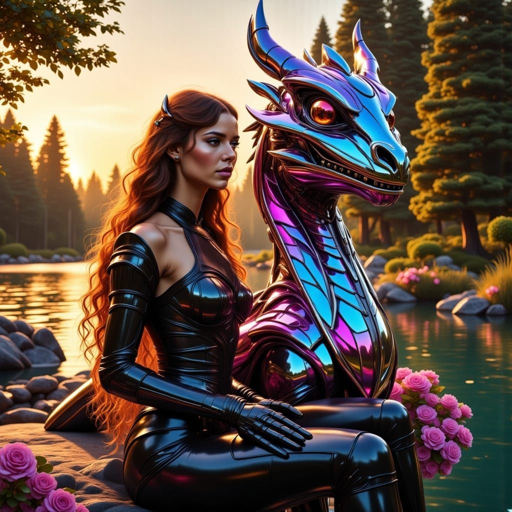 Chrome Dragon and Armored Woman in Lakeside Scene