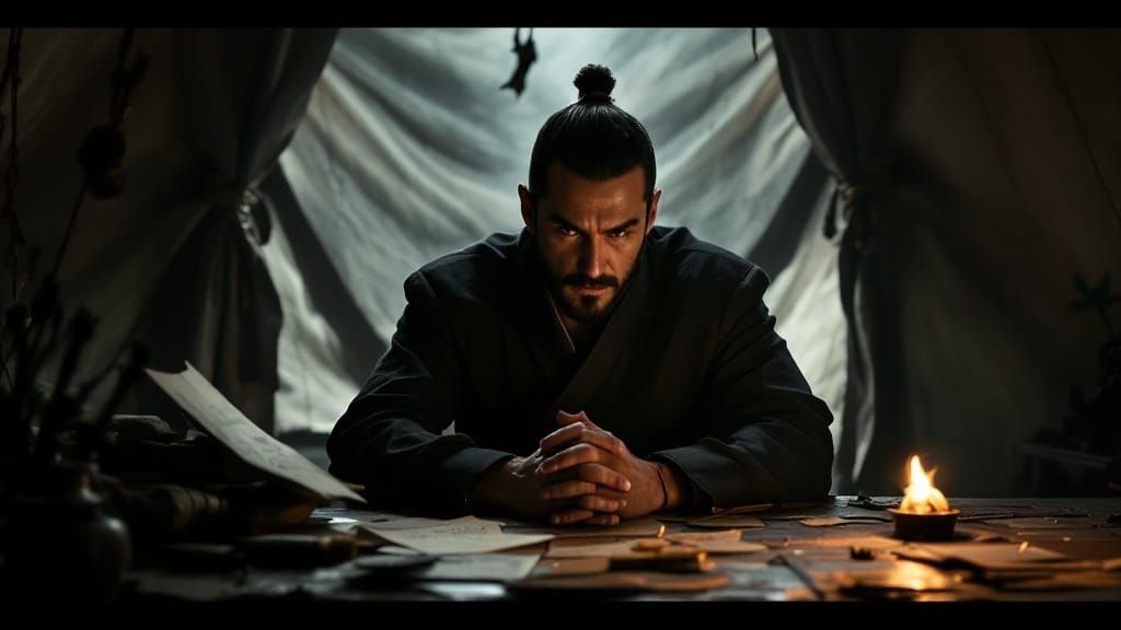 Contemplative Commander in Tent: Asian Ink Painting Style