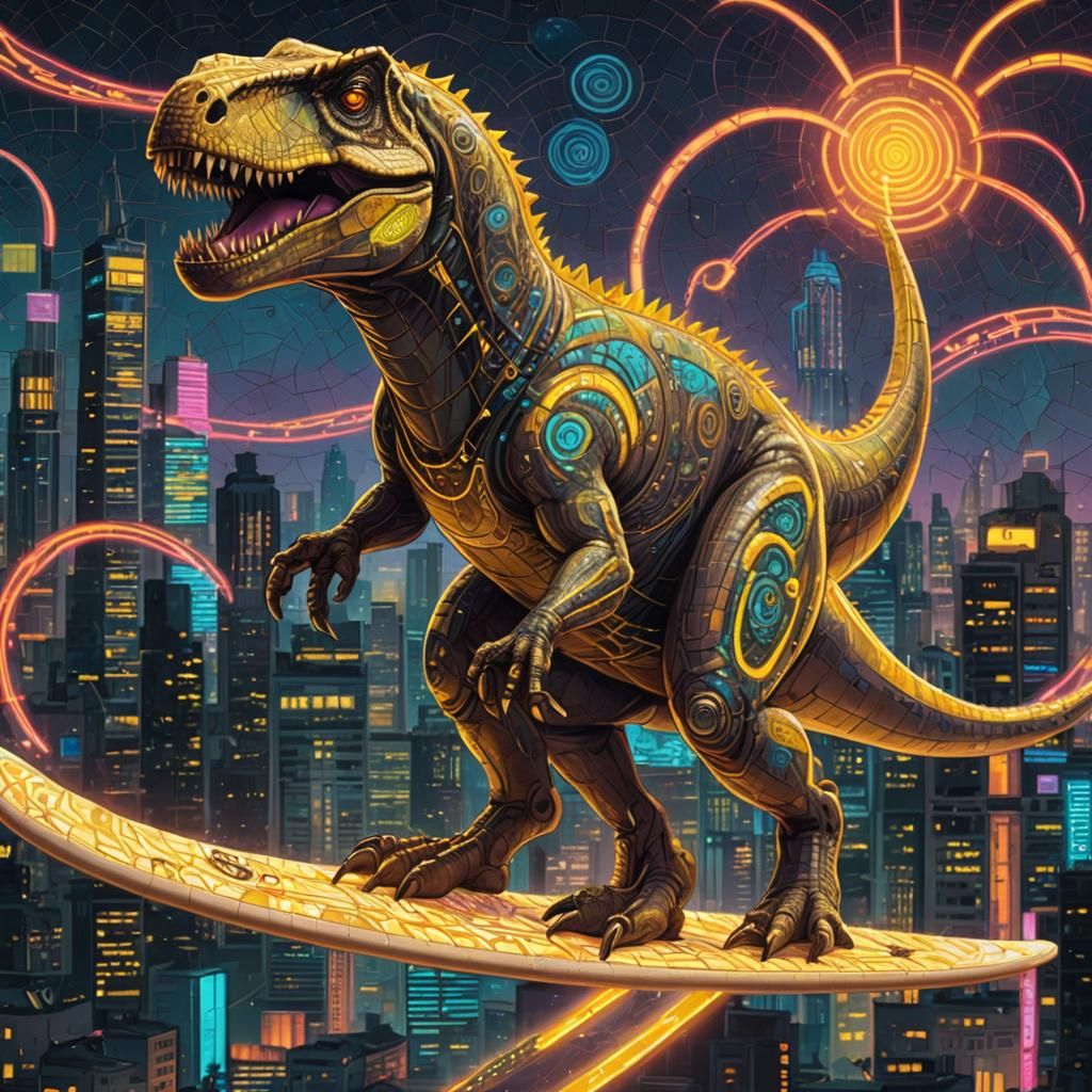 Cyberpunk T-Rex Surfing in Futuristic Cityscape