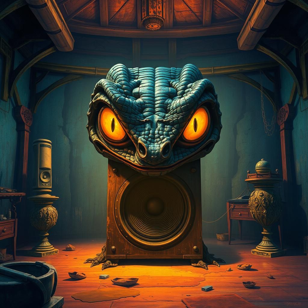 Reptile Eyes Emerge from Speaker, Ghibli Style