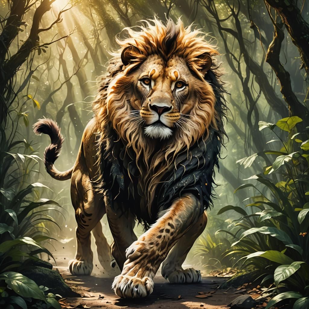 Tim Burtonesque Lion-Squirrel-Cheetah Creature in Jungle