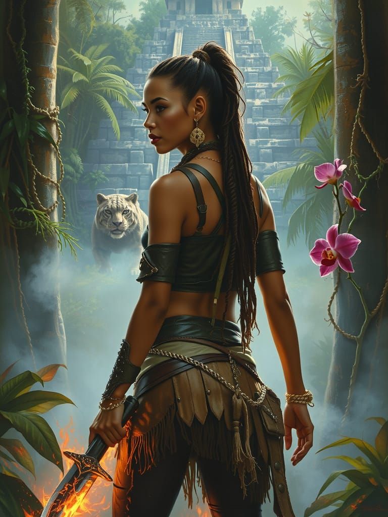 Dark Fantasy Jungle Explorer in Oil Painting Style