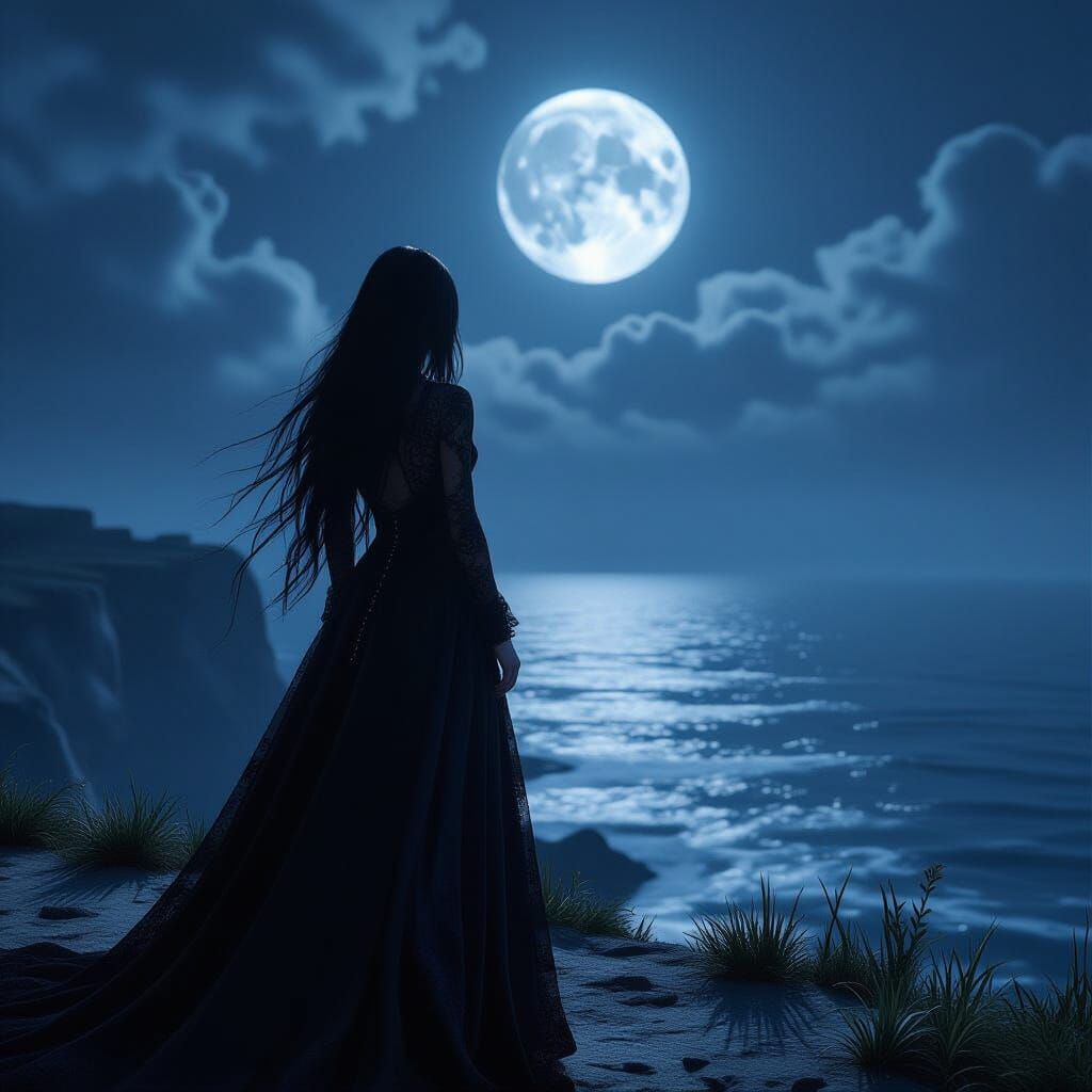 Emo Princess on Cliff Overlooking Stormy Sea