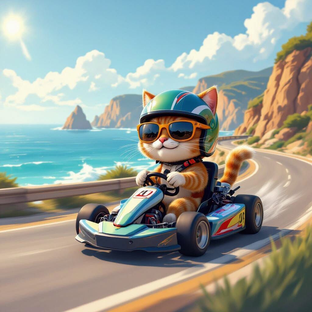 Cat Driving Go-Kart on Coastal Road in Pixar Style