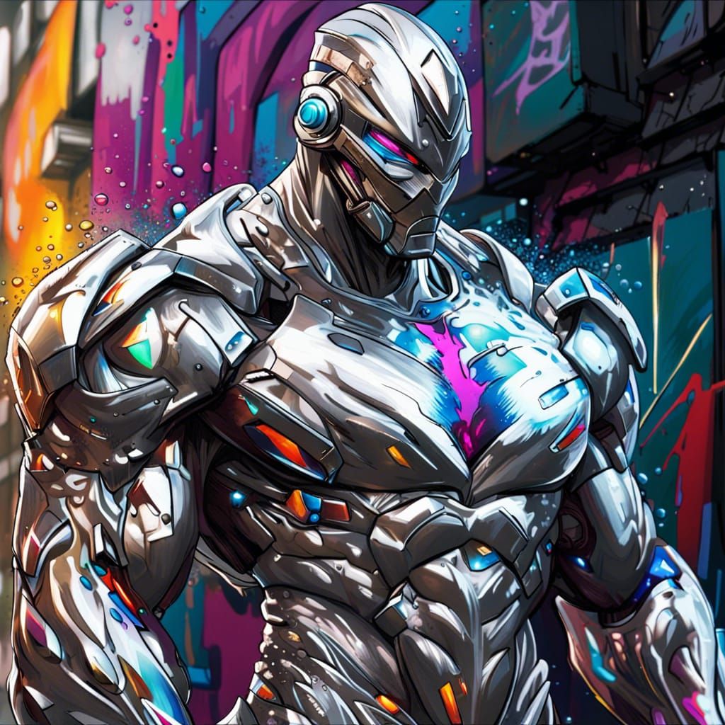 Buff Superhero in Silver Armor, Graffiti Art Style