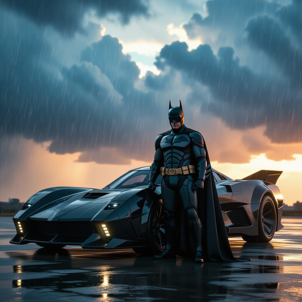 Batman and Futuristic Batmobile Against Stormy Sky