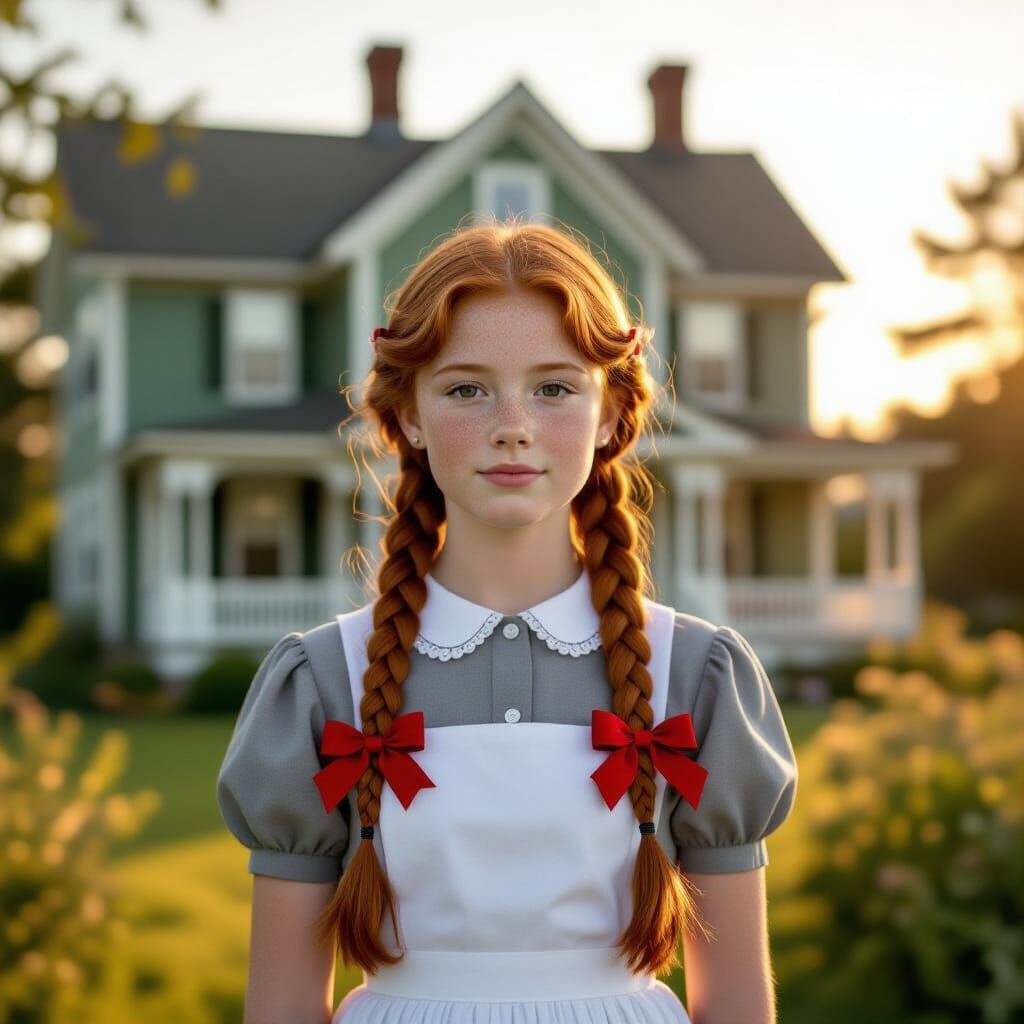 Girl in Gray Dress at Green Gables, Golden Hour