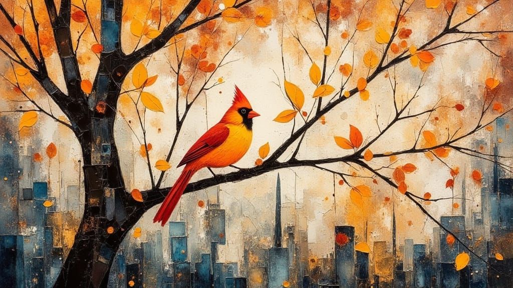 Cardinal in Autumn Scene with Crown, Mixed Media Style