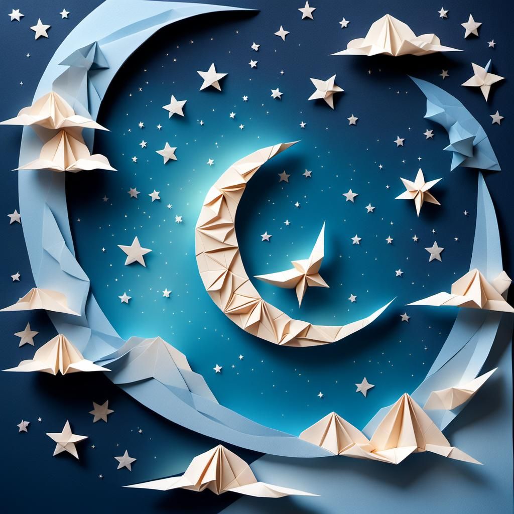 Serene Origami Night Scene in Papercraft Style