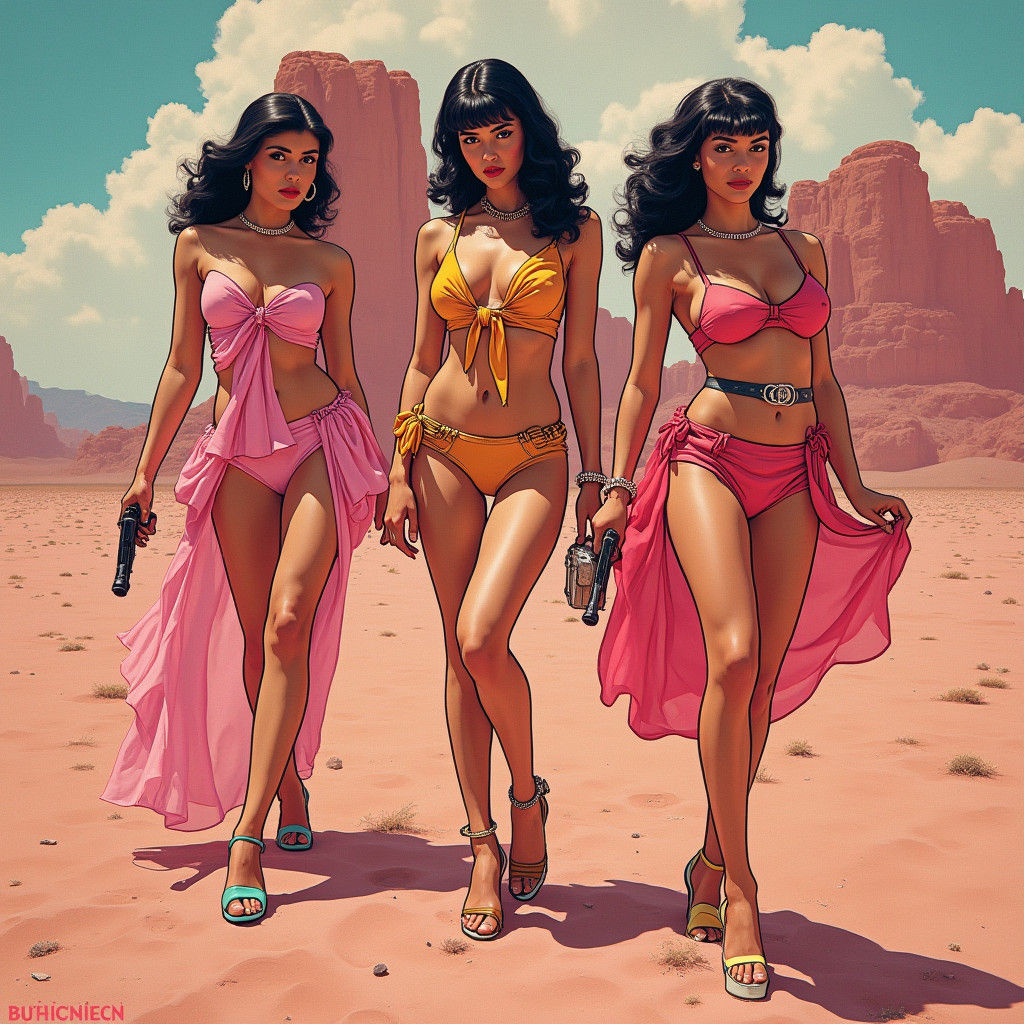Femme Fatales in Desert Landscape, Pulp Art Style