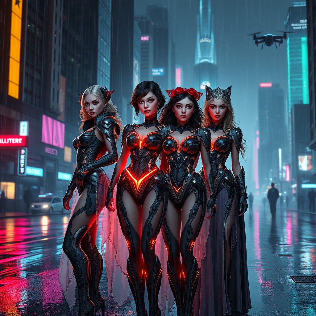 Sci-Fi Protagonists in Cyberpunk City, Art Nouveau Style