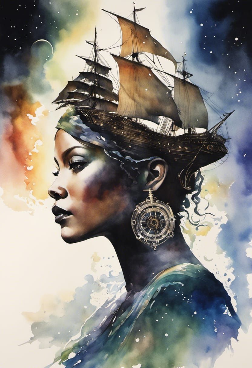 Rhianna on Spaceship in Watercolor Style