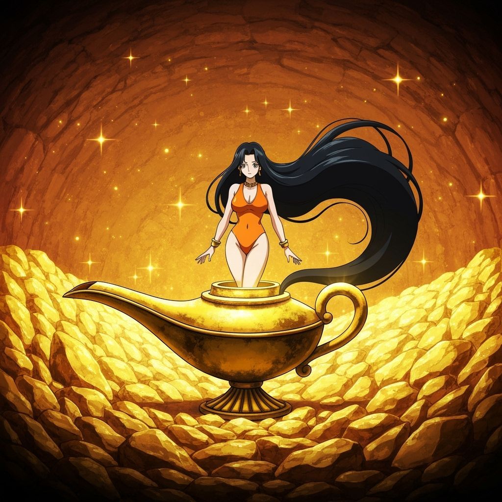Female Genie Emerges from Magic Lamp in Treasure Lair