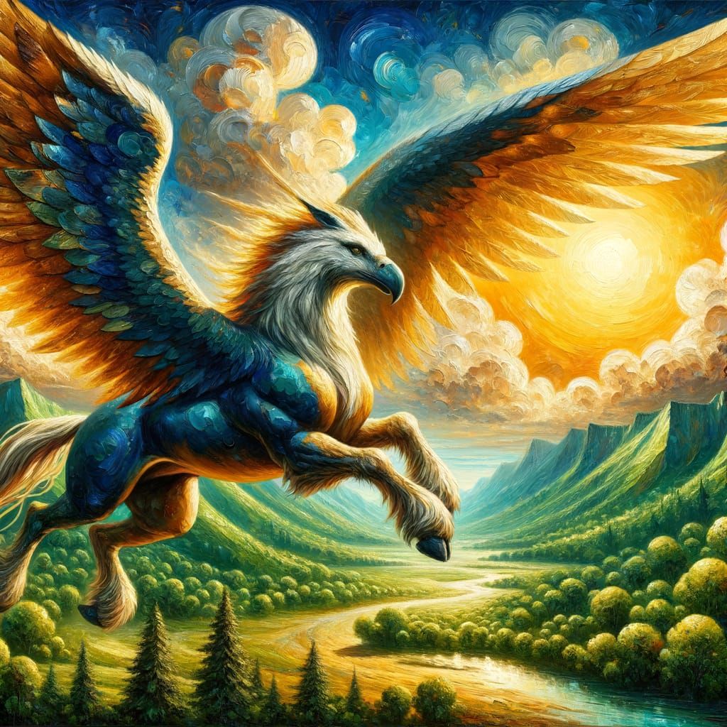 Hippogriff Soaring Over Valley as Impasto Oil Painting