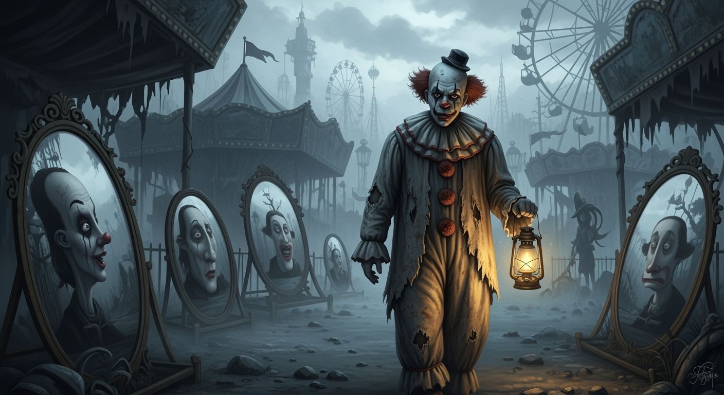 Gothic Clown in Misty Abandoned Carnival