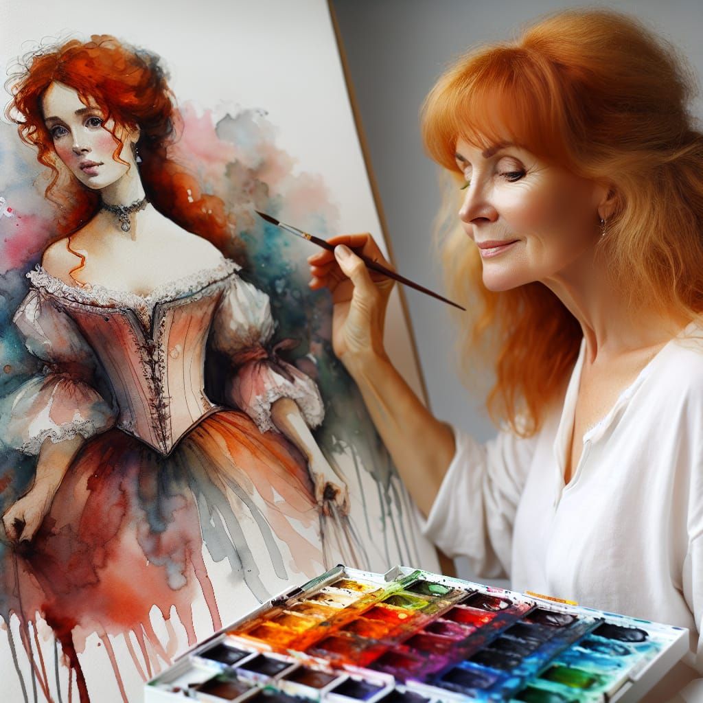 Woman's Watercolor Self-Portrait as Regency Era Youth