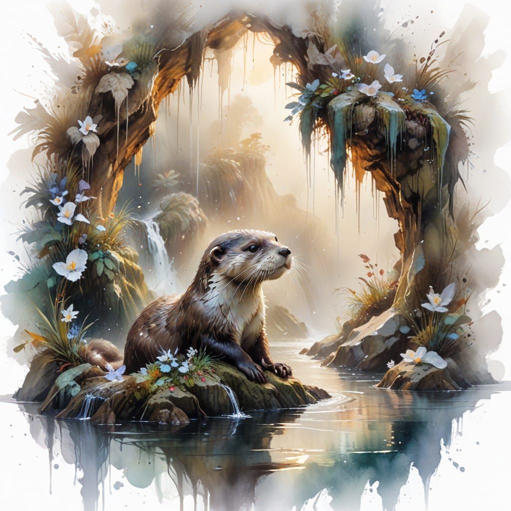 Otter in Misty Waterfall Grotto: Watercolour Art