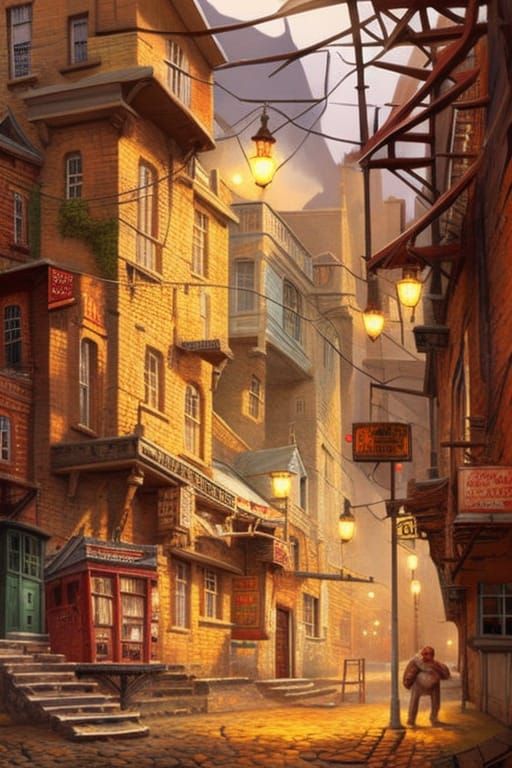 Atmospheric Victorian Street at Night, Detailed Fantasy Art