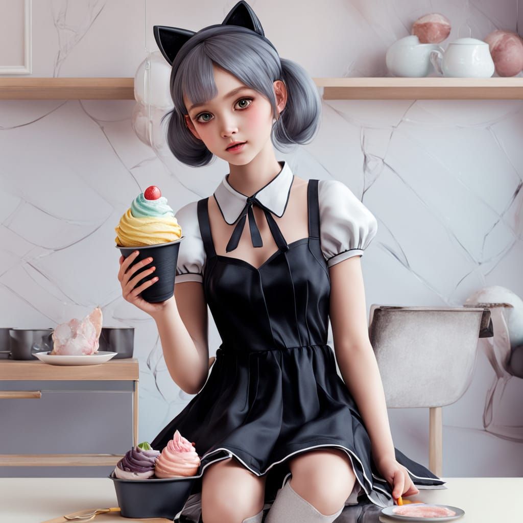 Maid with Ice Cream Sundae: Hyper-Realistic Close-Up
