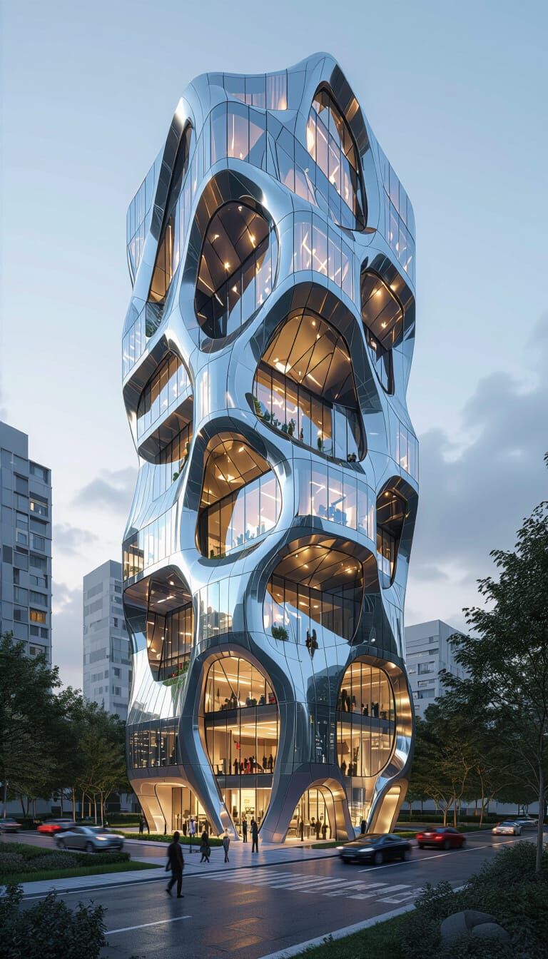 Futuristic Twisted High-Rise Building with Garden