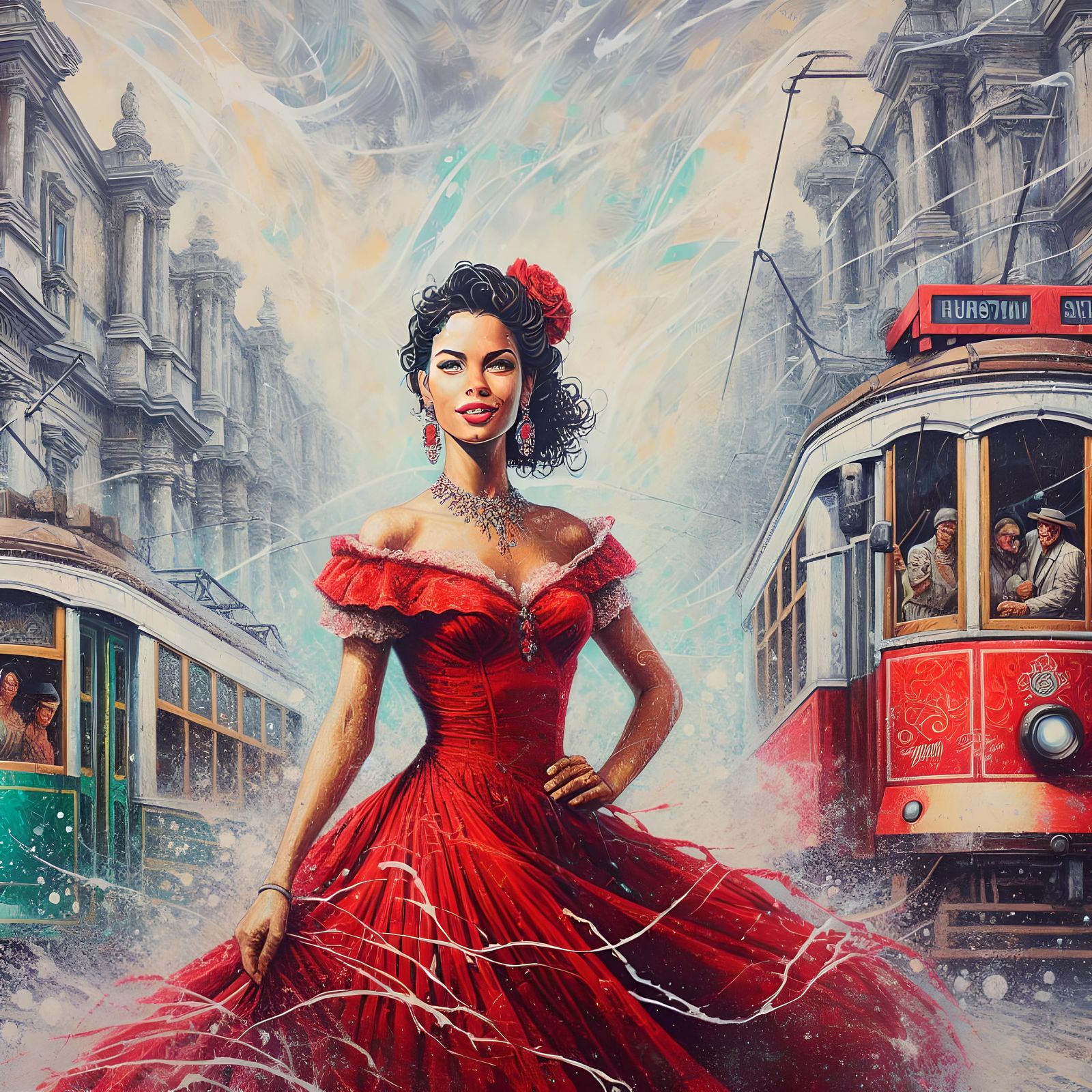 Woman in Red Dress: Oil Painting with Graffiti