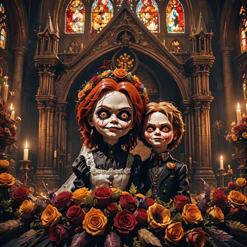 evil boy and girl Chucky doll getting married