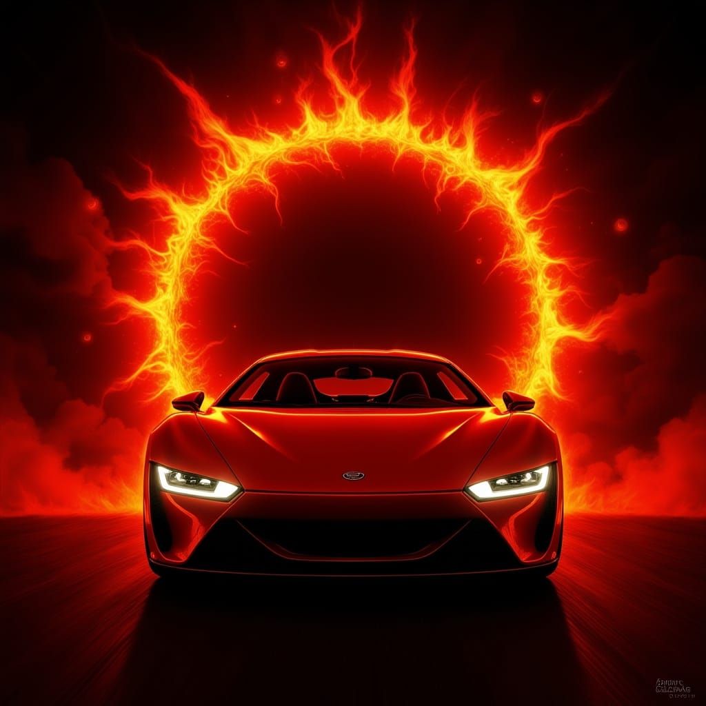 Red Sports Car Speeds Through Ring of Fire