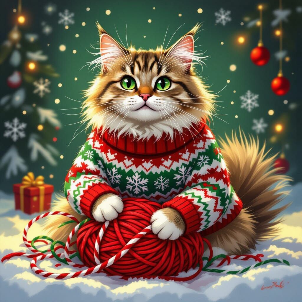 Fluffy Cat Tangled in Yarn Wearing Festive Christmas Sweater
