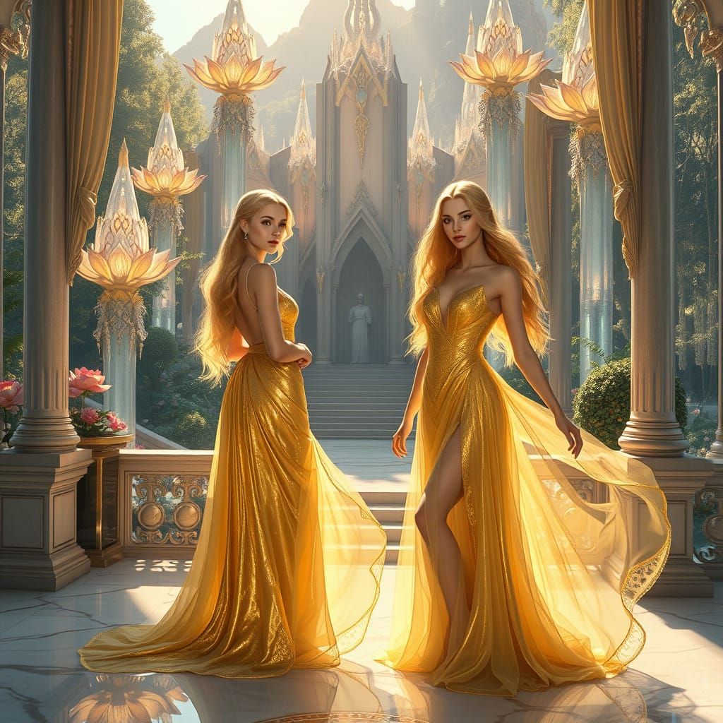 Ethereal Altmer Women Posed in Crystal Gardens of Alinor