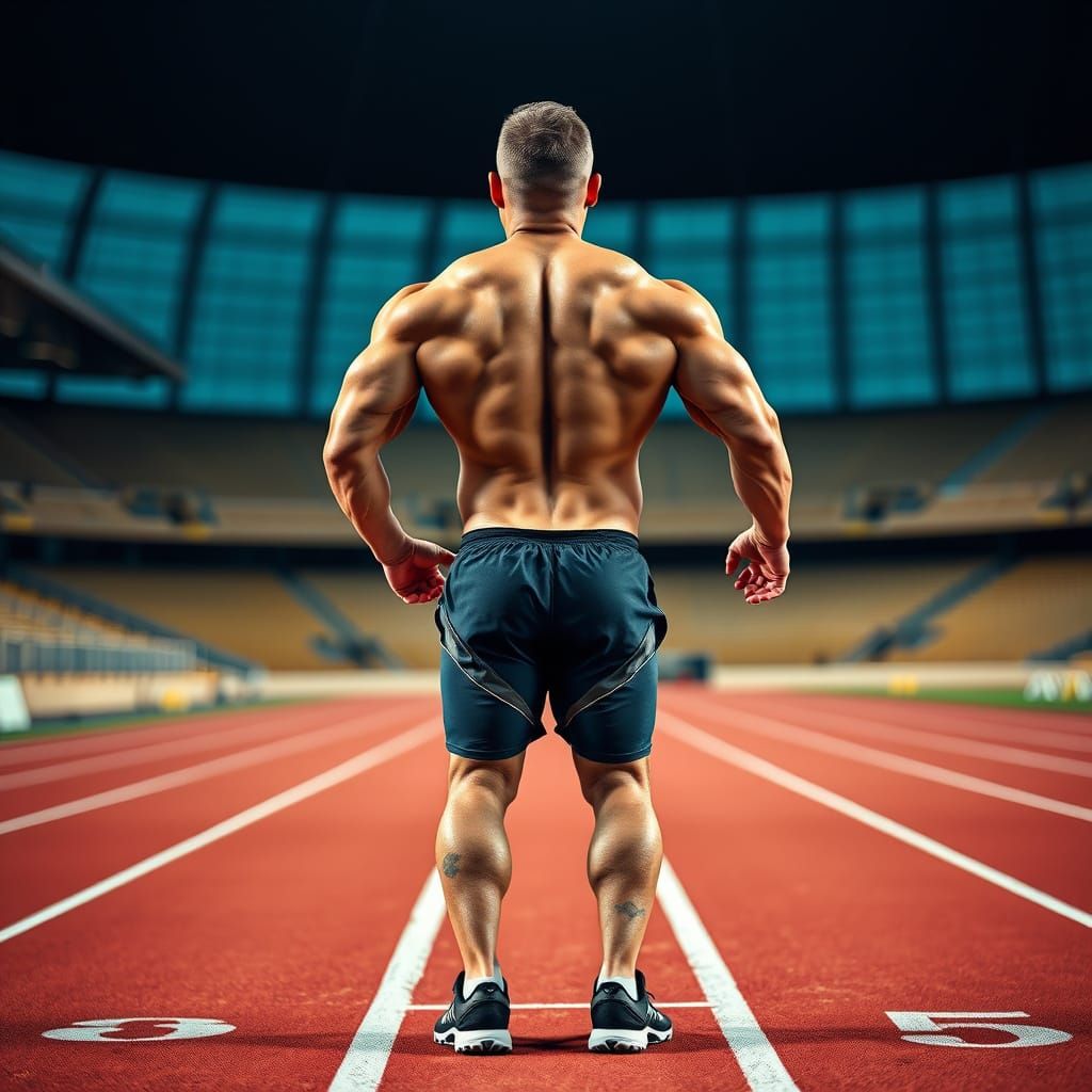 Athlete at Stadium Start Line Showcasing Muscular Physique