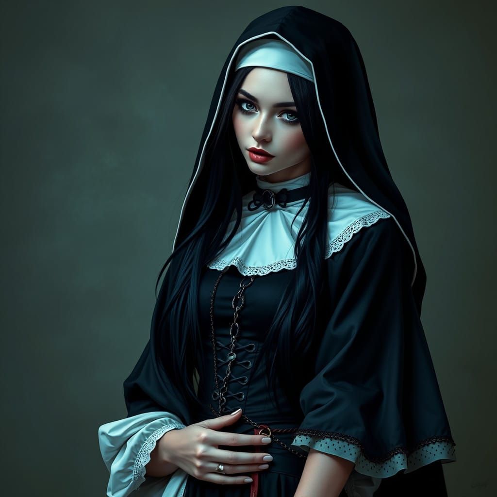 Cyberpunk Nun with Long Black Hair in Seductive Attire