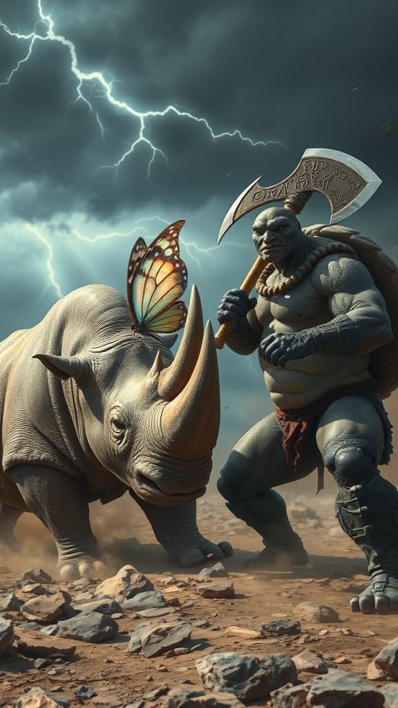 Mighty Rhinoceros Battles Bodybuilder Turtle in Epic Fantasy...