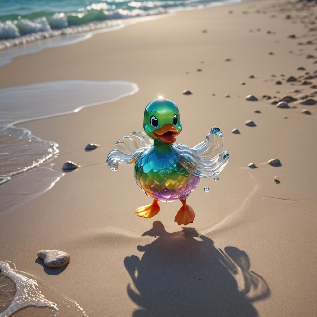Energetic Crystal Duckling on the Beach as 3D Art