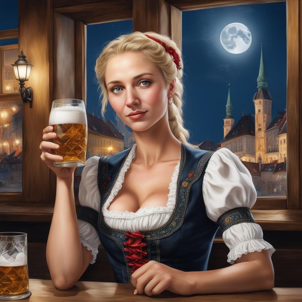 Oktoberfest Barmaid in Munich Under Moonlight