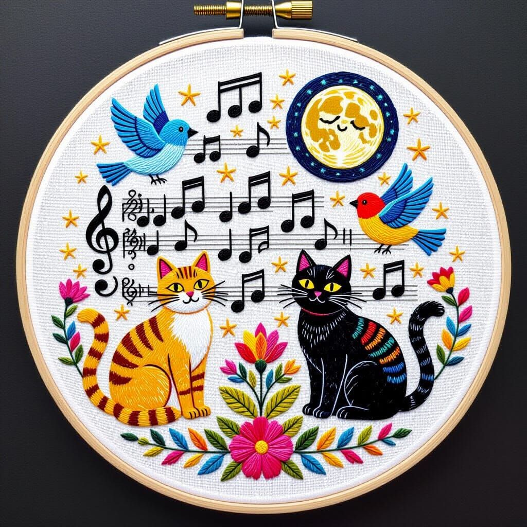 Embroidered Music Sheet with Cats and Moon