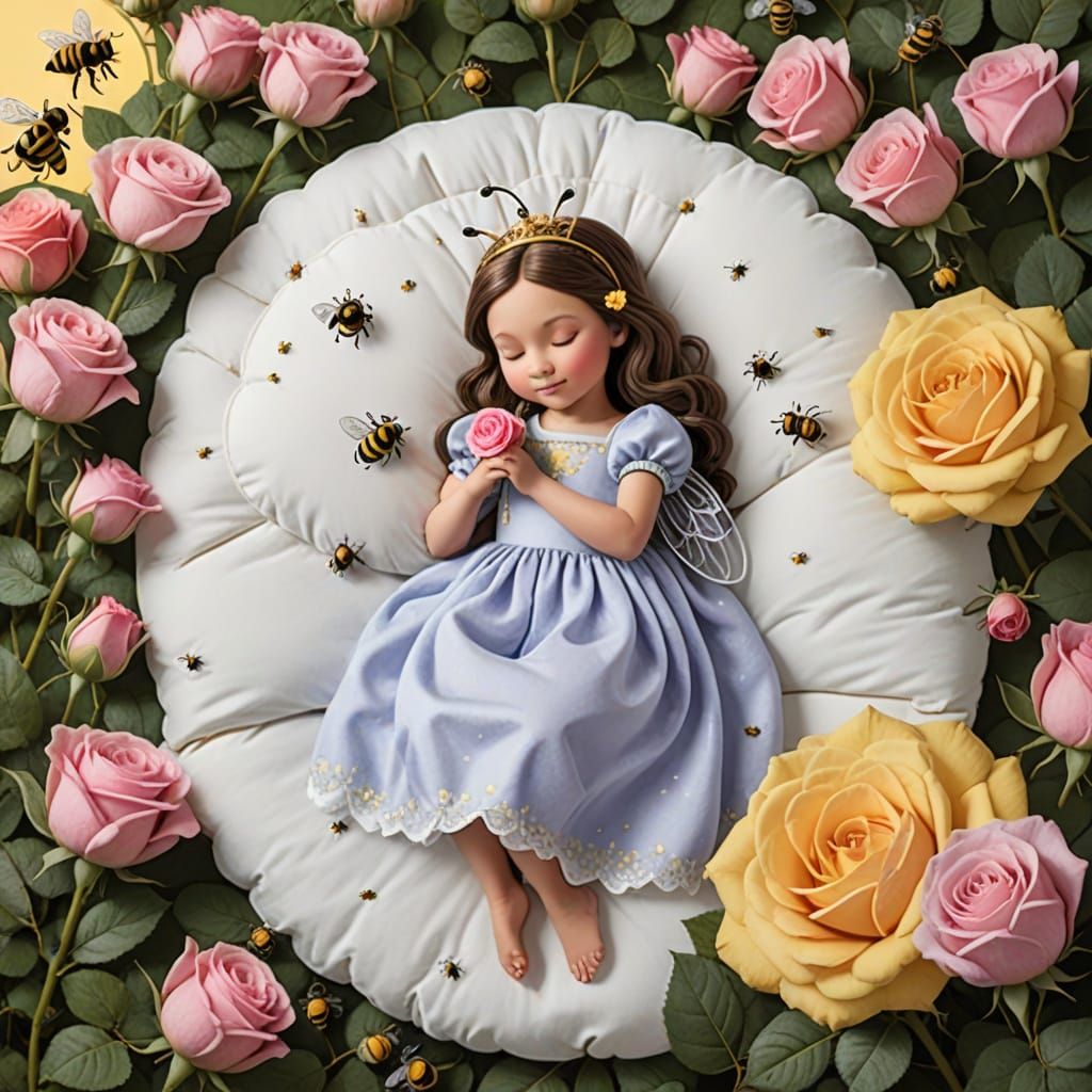 Princess Bee Sleeping Amongst Roses Illustration