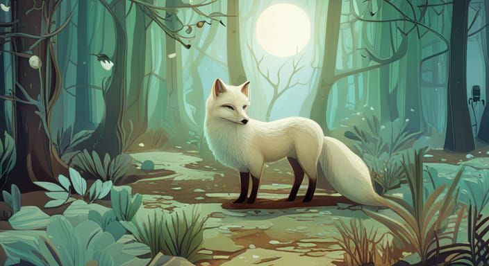 Ornate Snowy Forest with White Fox Illustration