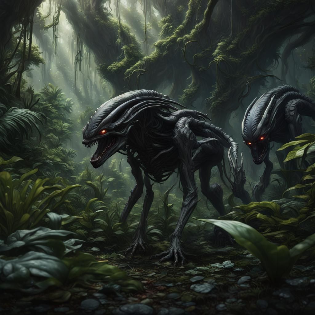 Lush Alien Jungle with Xenomorphs: Digital Art