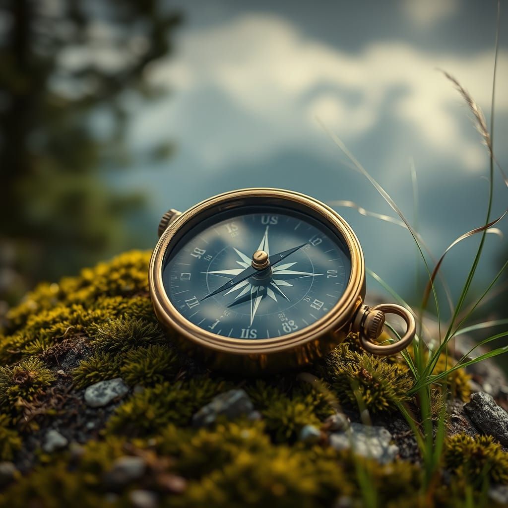 Cinematic Macro Shot of Spinning Compass on Mossy Rock