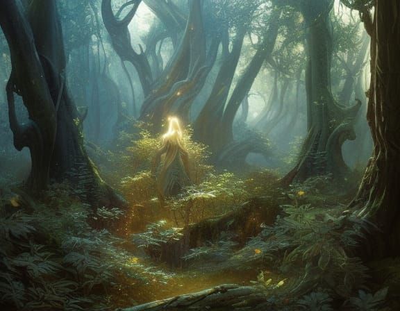 Enchanted Forest with Magical Creatures in Sepia